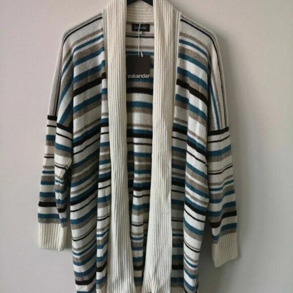 NWT ESKANDAR White Multi Cashmere Shawl Collar Striped Long Cardigan One Size OS - Picture 6 of 8